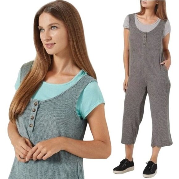 Koolaburra UGG Jumpsuit Sz MP Brushed Rib Sweater Knit Aqua Haze Cropped Casual - Picture 1 of 15